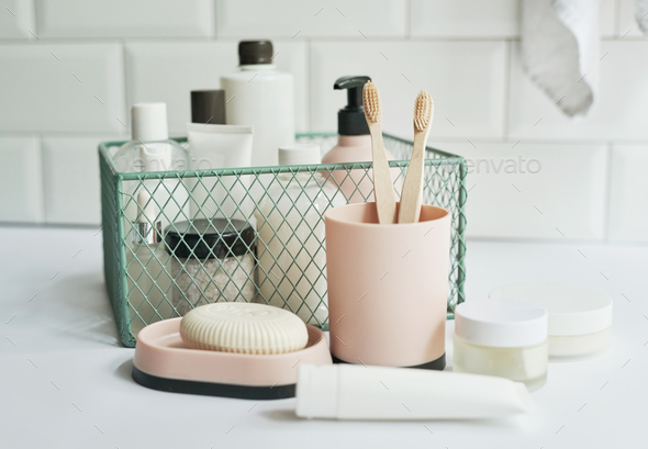 Bath accessories. Cosmetics, hygiene products. Spa, beauty salon. Toothbrush, soap, cream containers