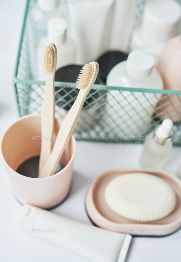 Bath accessories. Cosmetics, hygiene products. Spa, beauty salon. Toothbrush, soap, cream containers
