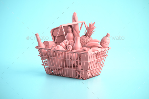 Pink shopping basket with pink food on blue background. Food buyng online and delivery. - Stock Photo - Images