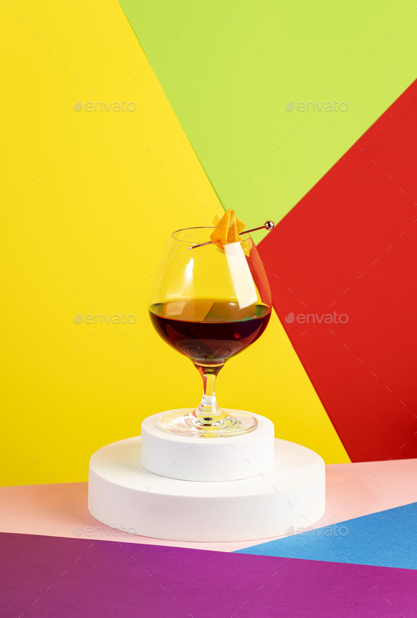 Martinique alcoholic cocktail with golden rum, red vermouth, liqueur