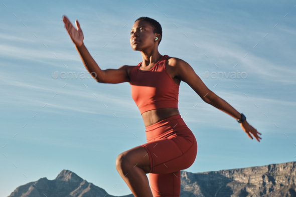 Running, black woman and mountain run of a athlete ready to start runner  training outdoor. Nature, Stock Photo by YuriArcursPeopleimages