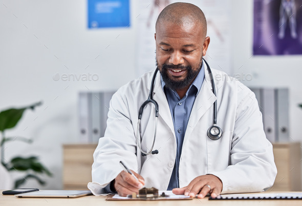 Doctor, medical office and black man writing notes, form or life insurance paperwork for planning h