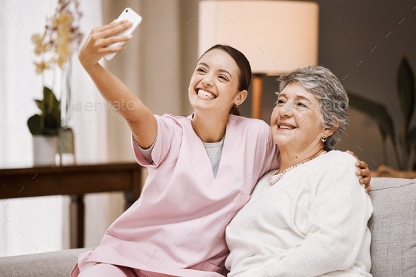 Selfie, nurse and healthcare with a woman carer and senior patient taking a picture in a nursing ho - Stock Photo - Images