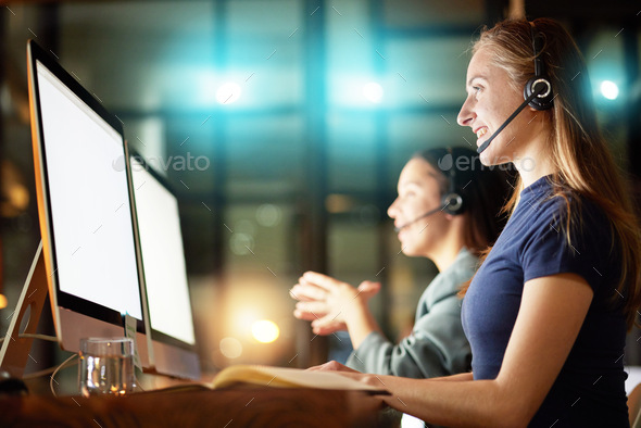 Computer, night call center and women with telemarketing success, IT solution and problem solving i