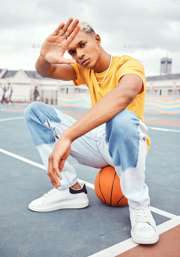 Basketball, fashion and portrait of black man on basketball court with