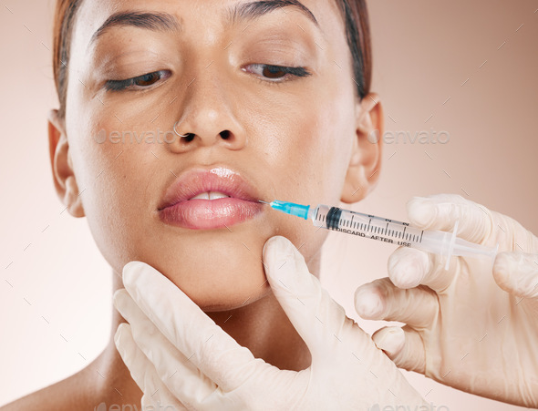 Botox, face and beauty with woman and lip filler, plastic surgery zoom and syringe needle for proce