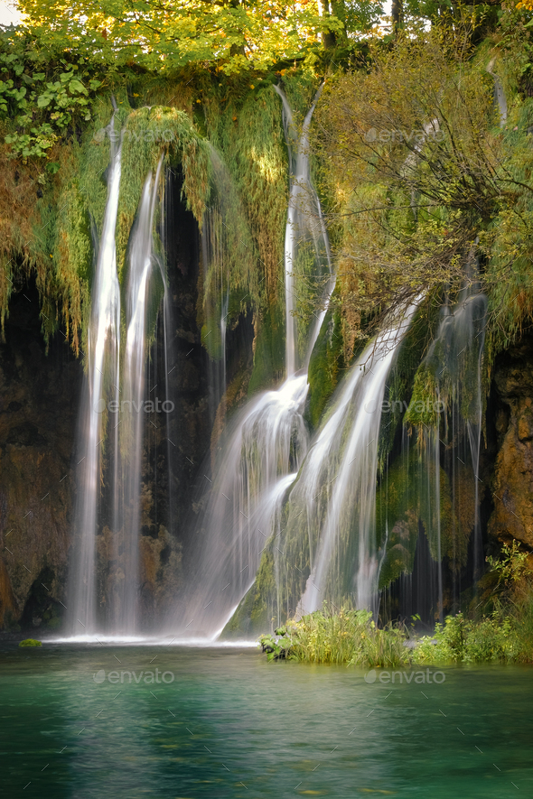 Plitvice forest lakes and waterfalls in spring - Stock Photo - Images