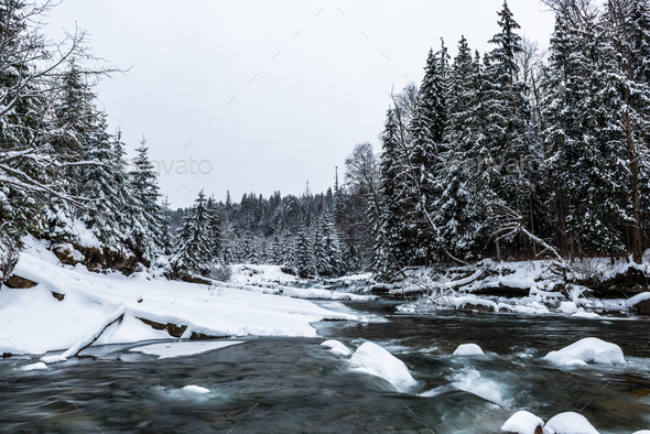 Winter landscape, snowy mountains and trees - Stock Photo - Images