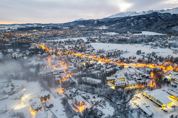 Winter townscape of Zakopane in Poland, aerial drone view - Stock Photo - Images