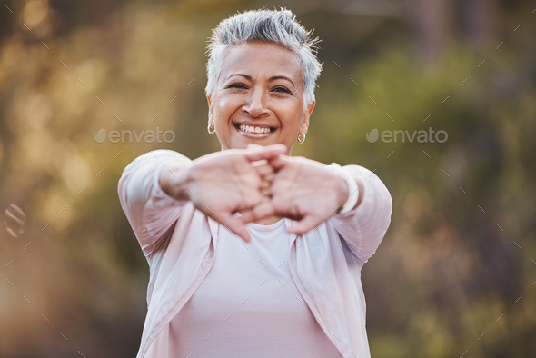 Fitness, portrait or old woman stretching in nature to start training, hiking exercise or workout i