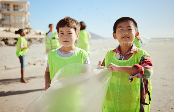 Children, portrait or trash collection bag in beach waste management, ocean cleanup or sea communit