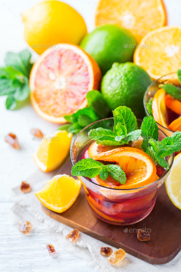 Citrus fruit summer fresh lemonade, infused water detox drink cocktail - Stock Photo - Images