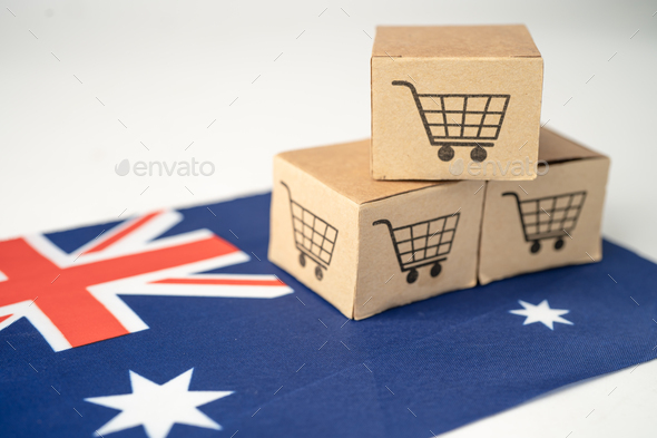 Box with shopping cart logo and Australia flag, Import Export Shopping online