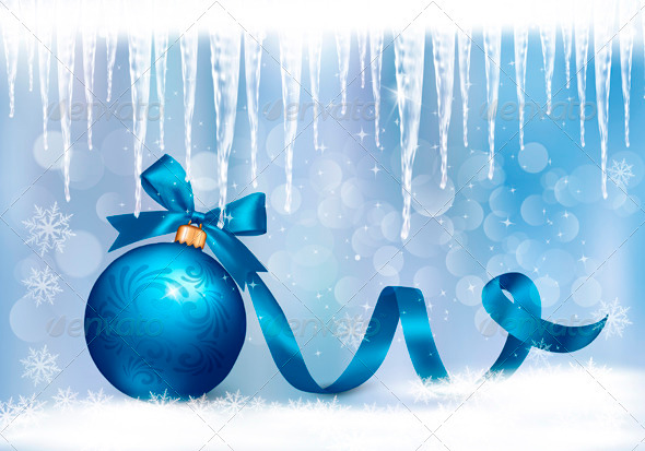 Holiday Background with Blue Gift Blue Ball - Christmas Seasons/Holidays