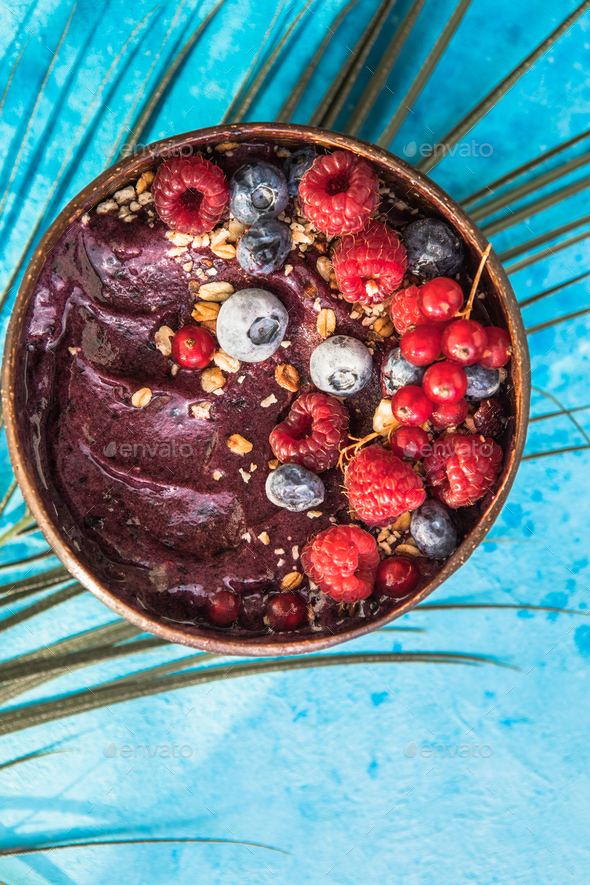 Frozen acai smoothie. Breakfast, healthy meal for summer vibes, top