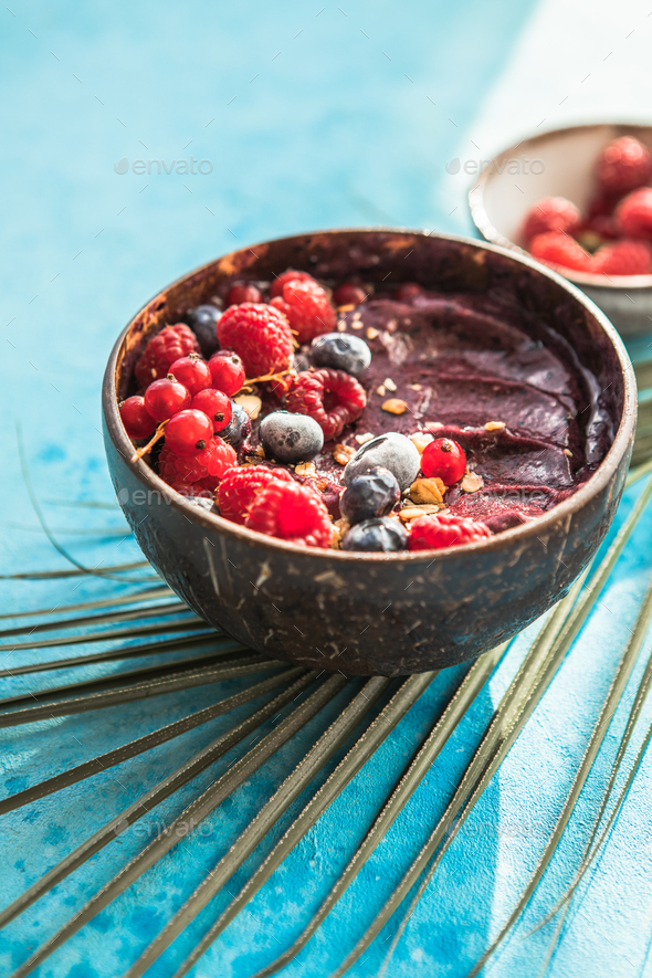 Frozen acai smoothie. Breakfast, healthy meal for summer vibes, top