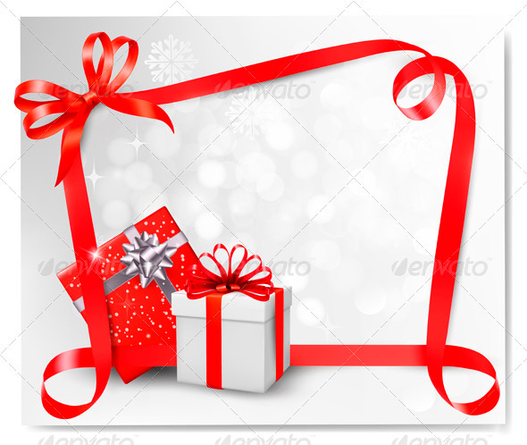 Holiday Background with Red Gift Bow with Gift Box - Christmas Seasons/Holidays