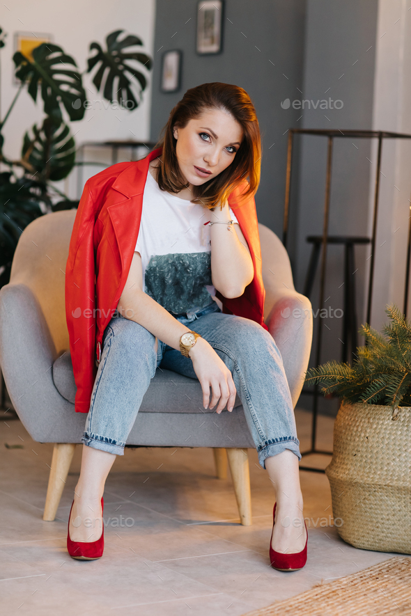 Young Woman in Red Shirt, Modern Jacket, Leggings with Holes, Re Stock  Image - Image of long, heels: 40139569