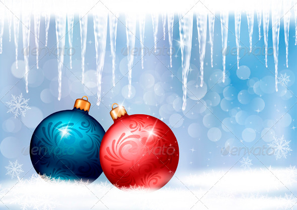 Holiday Background with Red Gift Bow with Balls - Christmas Seasons/Holidays