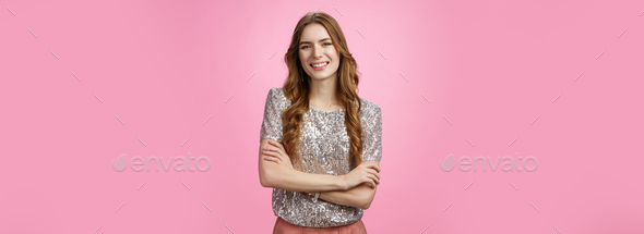 Pleasant carefree tender attractive european woman smiling broadly giggling  cross arms chest feel Stock Photo by benzoix
