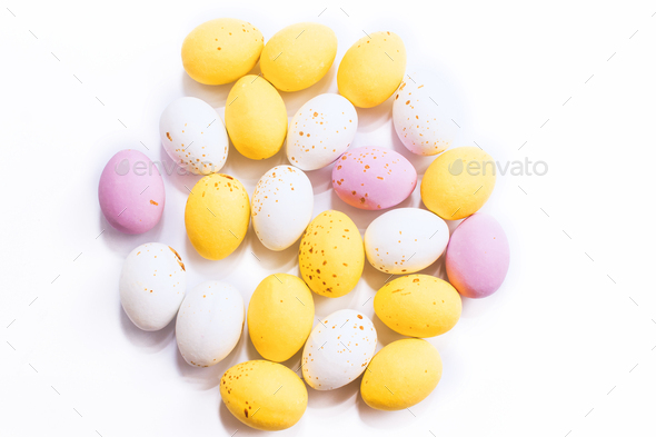 Colorful chocolate Easter eggs background with copy space Stock Photo