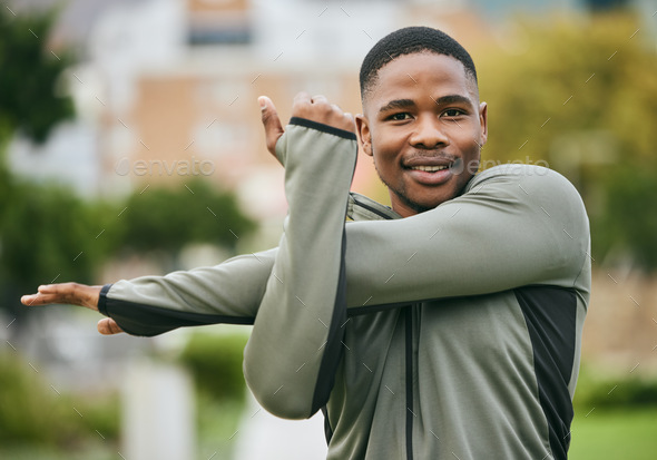Fitness, stretching and black man in park for workout, training or running motivation, energy and s
