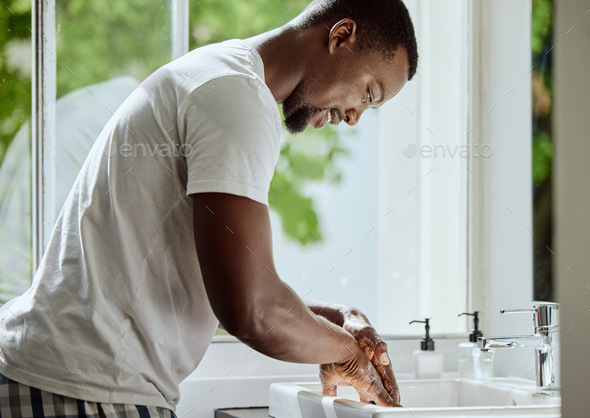 Black man, washing hands or bathroom sink soap in home healthcare wellness, hygiene maintenance or