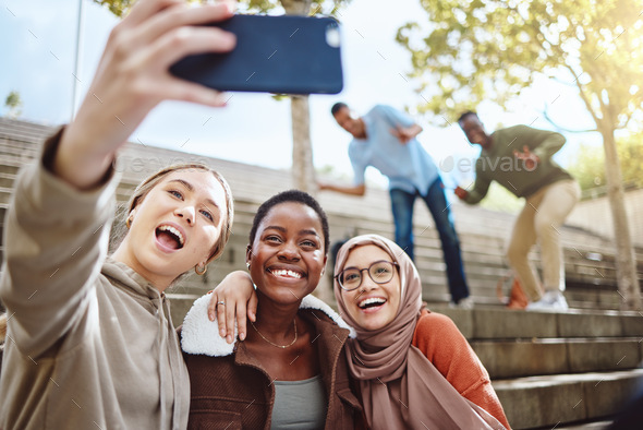 Diversity, happy women or phone selfie on college campus steps, university bleachers of school stai