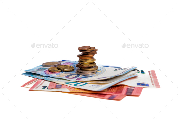 micro loan offer, European Union money, metal coins and paper banknotes closeup on white background - Stock Photo - Images
