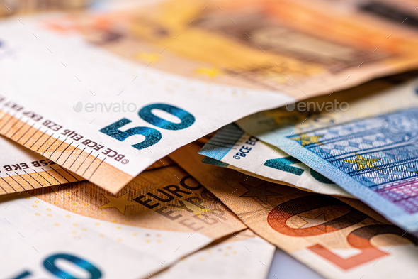 Money background from 50 and 20 euro banknotes. Euro banknote closeup - Stock Photo - Images