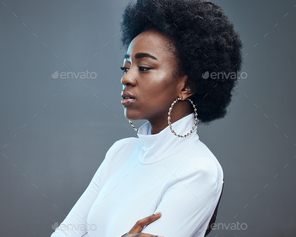 Stress, thinking and black woman with mental health, anxiety and focus on studio background. Africa