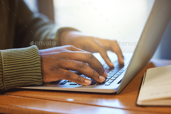 Laptop, hands and typing, student and education with report or essay writing, studying for exam for