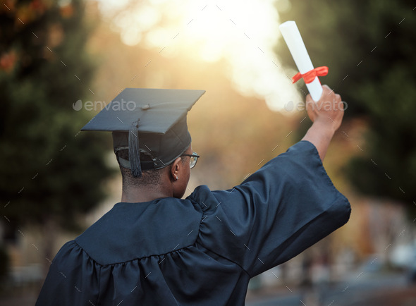 University graduation, certificate and back view of black man with motivation for learning goals, a