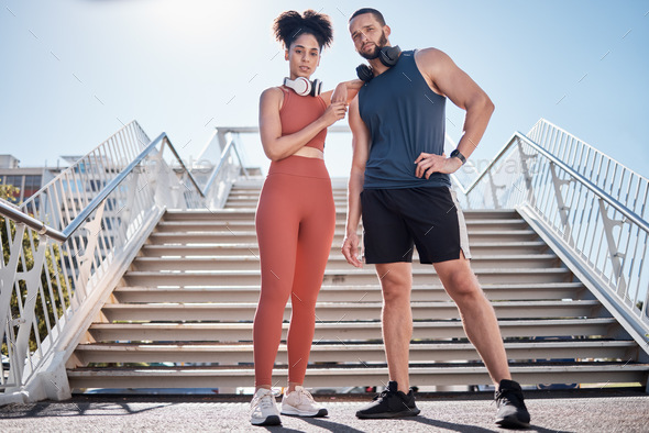 Couple, city stairs and portrait for fitness with headphones, music and motivation for urban workou