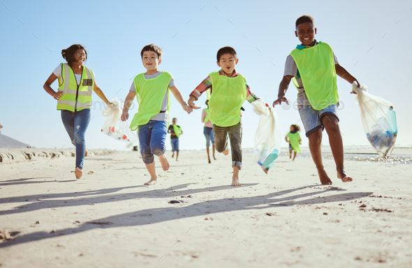 Fun children, plastic bag or beach cleaning, trash collection run or waste management in ocean clea