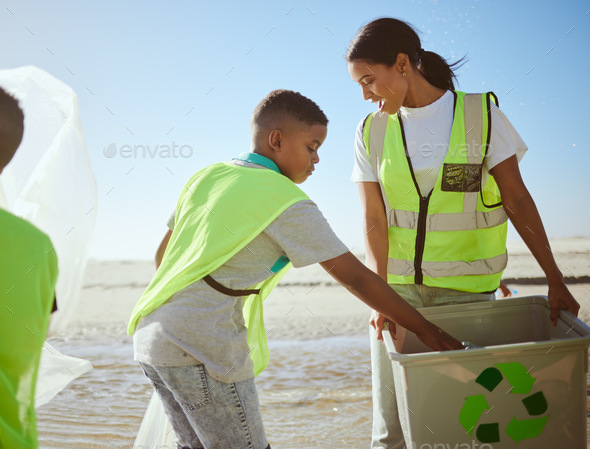 Recycling, ocean and woman with children or group at cleaning for volunteering on earth day support