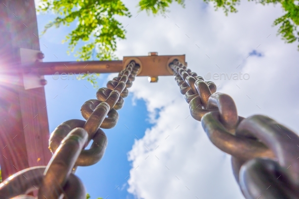 Low angle shot of the metal chains of a swing set among the trees under