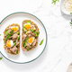 Tuna toast. Open sandwiches with whole grain bread, canned tuna, boiled egg, avocado and arugula - PhotoDune Item for Sale