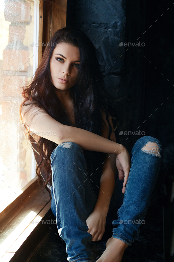 Sexy Nude brunette in bedroom in lingerie, perfect figure and body of