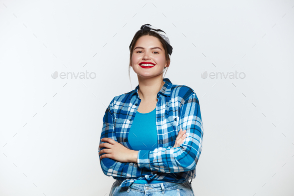 Plus Size Woman Smiling Isolated. Portrait of Bossy Woman Looking at Camera