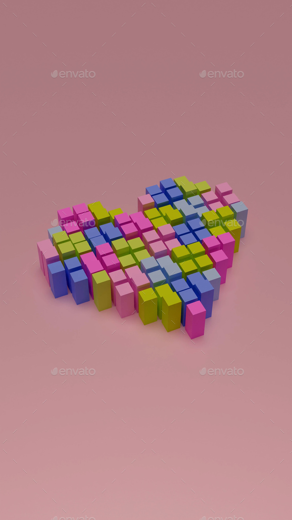 Geometric heart divided in pixel blocks over pink background - Stock Photo - Images