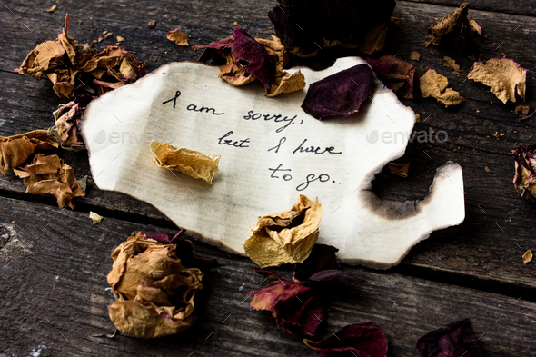 Hand writing I am sorry but I need to go sweetheart on a piece of papper decorated with dry roses