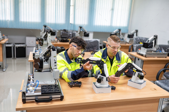 Engineer learn basic theory how to operation maintenance and programing robot arm in training room - Stock Photo - Images