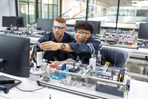 Engineer sitting in robot fabrication room quality checking electronic ...