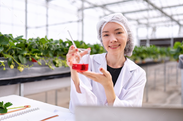 Researcher in greenhouse farming lab take sample of flower and leave and key information to laptop