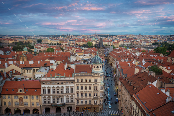 Aerial view of Malostranske Namesti Square at sunset with Lesser Town Bridge Tower - Prague, Czechia - Stock Photo - Images