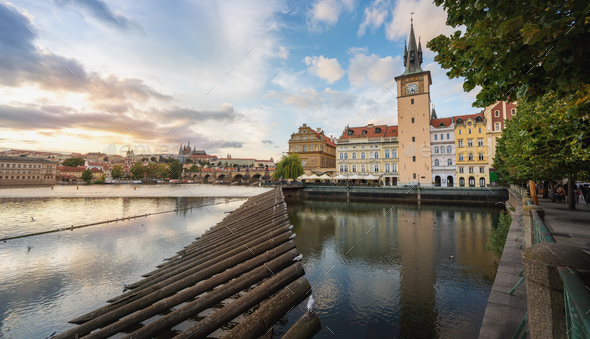Panoramic view of Vltava River skyline with Old Town Water Tower and Prague Castle - Prague, Czechia - Stock Photo - Images