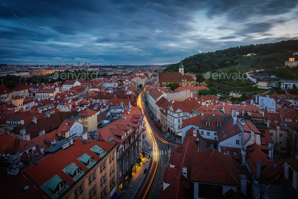 Long Exposure Aerial view of Mala Strana at night  - Prague, Czeh Republic - Stock Photo - Images
