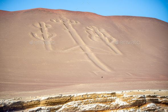 Beautiful shot of the Paracas Candelabra famous geoglyph in Pisco Bay in Peru - Stock Photo - Images