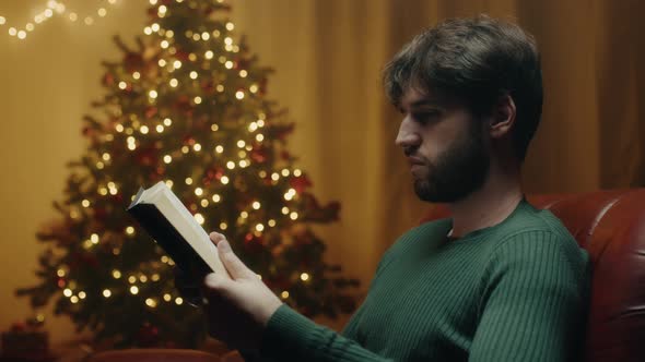 Young boy reads book on the sofa at Christmas alt